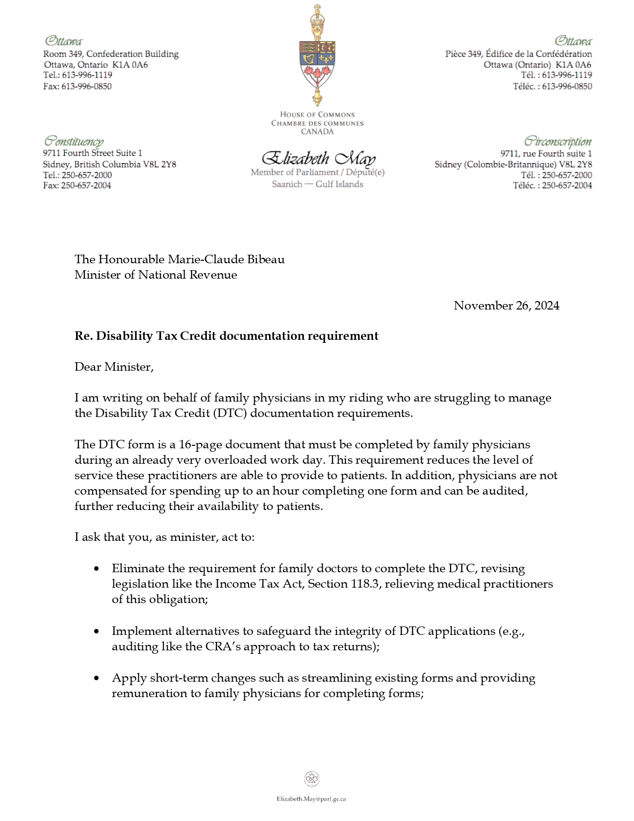 Dtc Form Letter to Minister Bibeau on Disability Tax Credit documentation ...